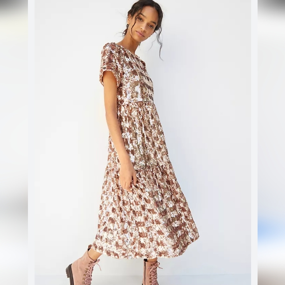 Anthropologie Maeve Bernadette Sequin Midi Dress Gold Bronze XS Grunge Glam